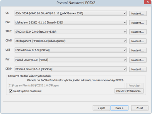 Okno prvotního nastavení PCSX2 - okno s pluginy